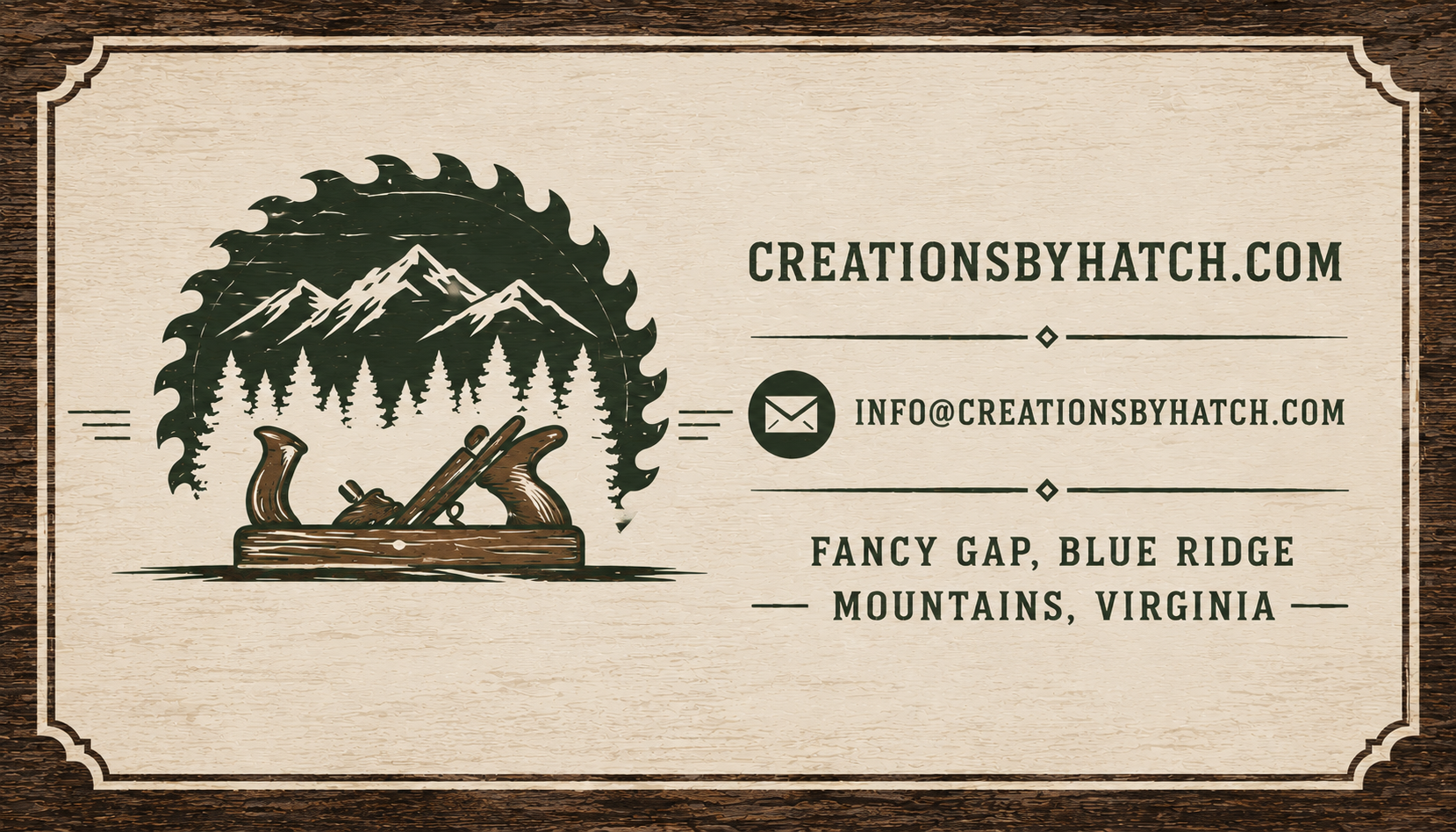 Creations by Hatch contact card with the website, email, hand-plane mark, and Fancy Gap Blue Ridge Mountains location