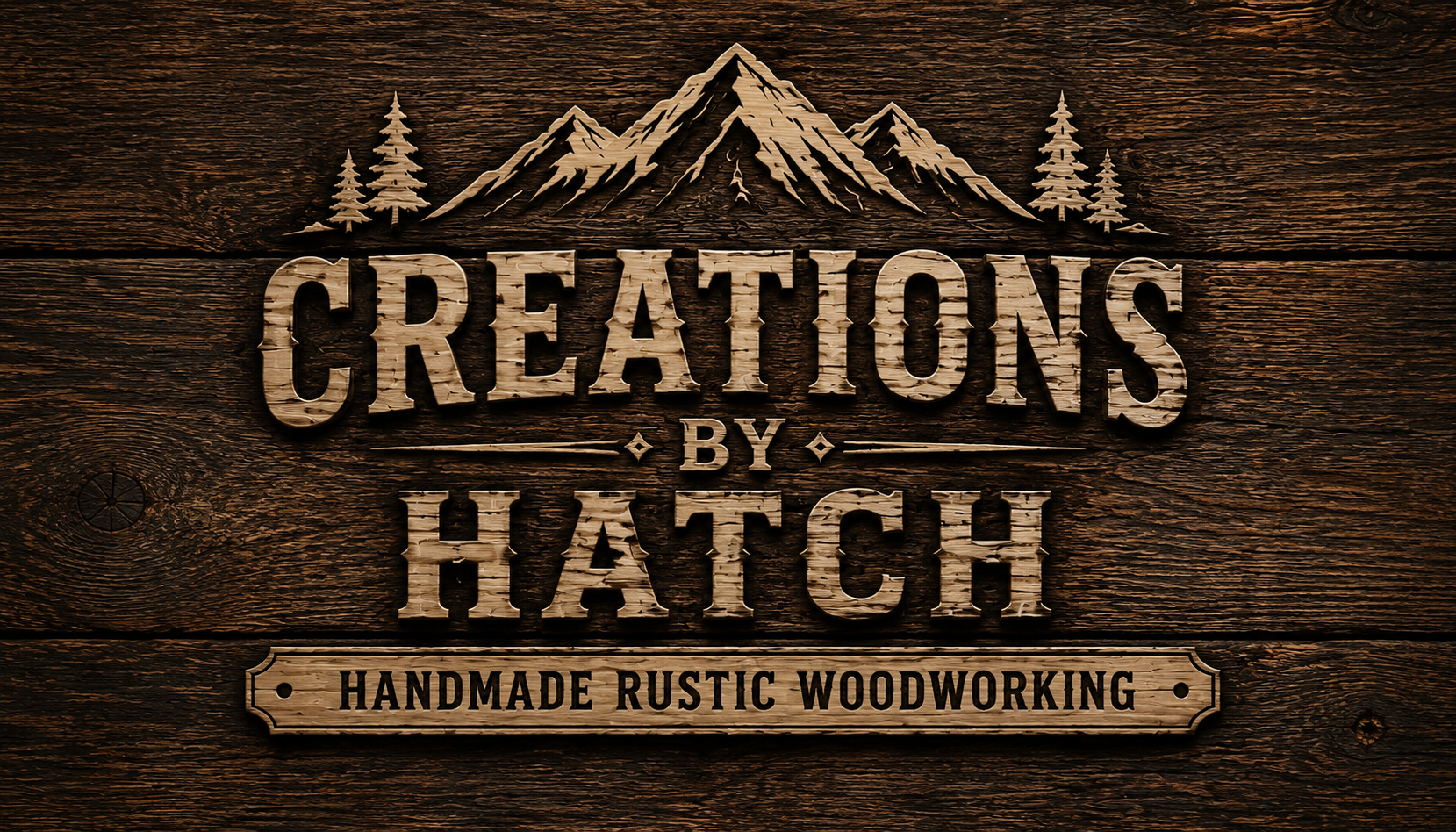 Creations by Hatch mountain and wood-grain mark with the words Handmade Rustic Woodworking