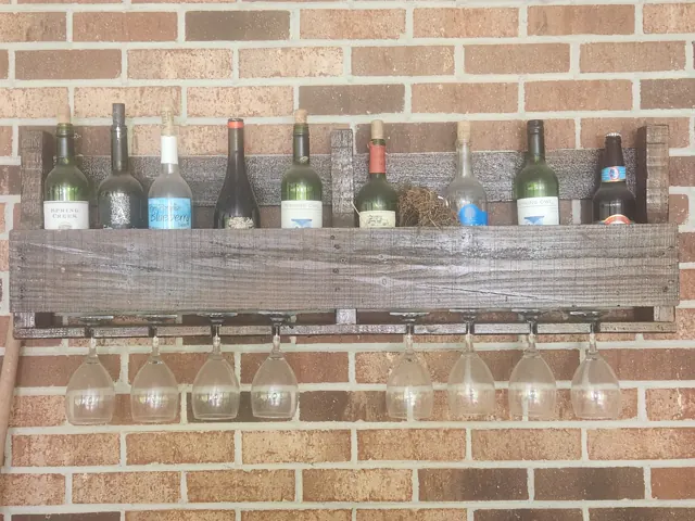 Real weathered-brown wine rack shelf staged with bottles