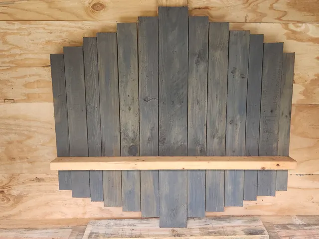 Weathered gray finish shown on a completed wall shelf